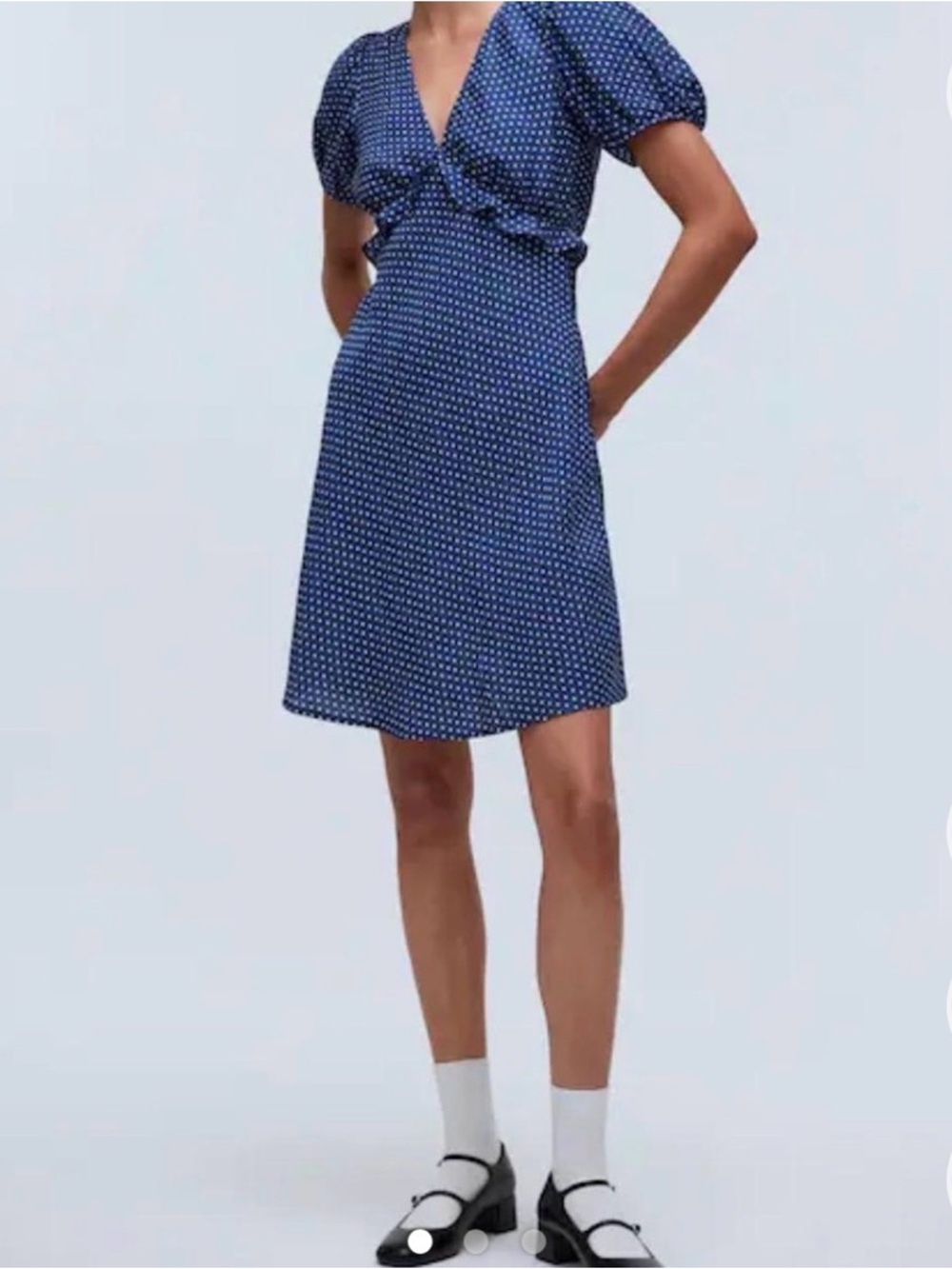 Madewell Navy Blue Polka Dot V-Neck Puff Sleeve Mini Dress